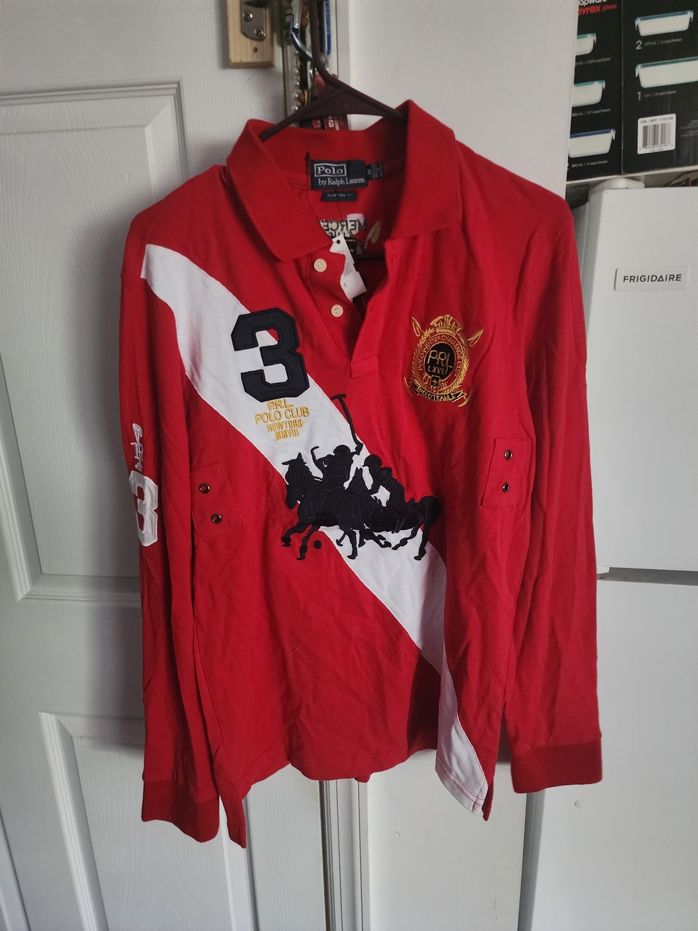 Ralph Lauren Red Long-Sleeve Polo with White Sash & Black Polo Graphic